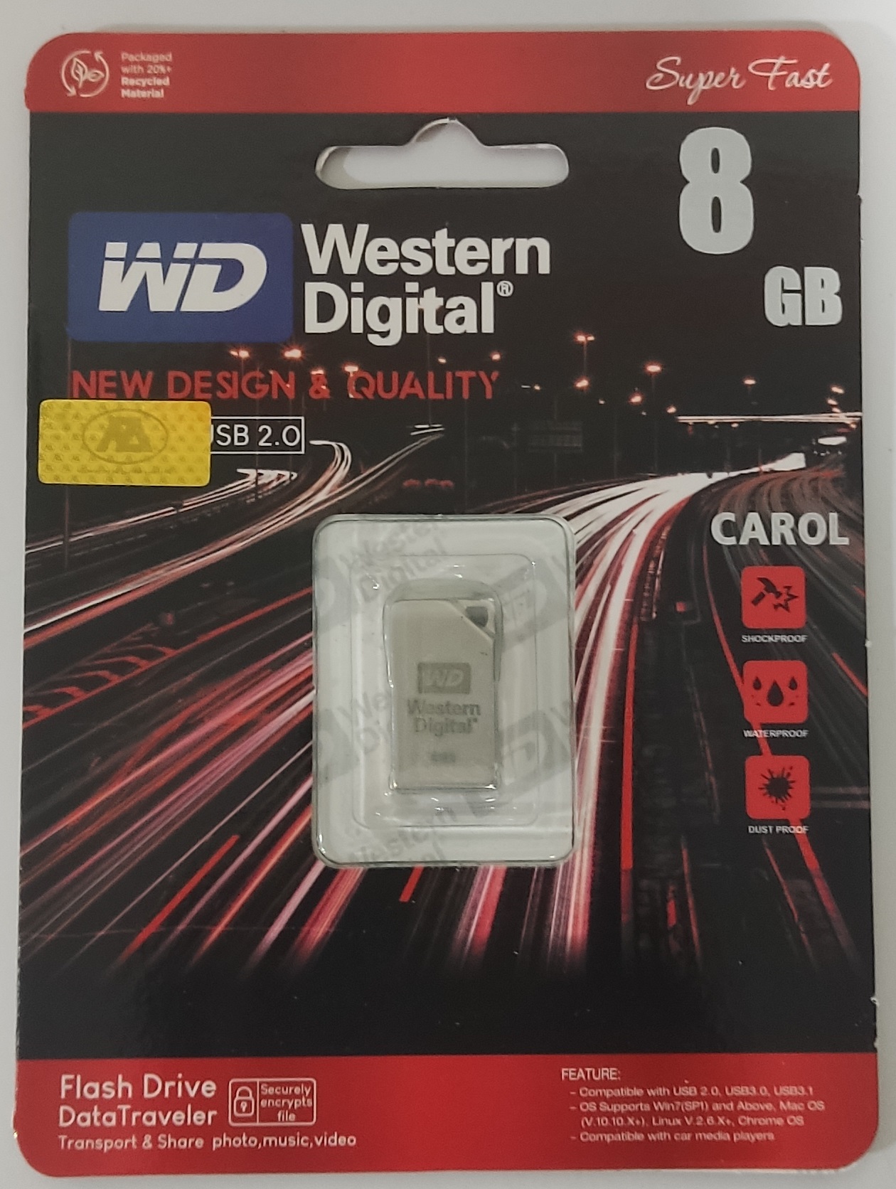فلش مموری 8 گیگ WESTERN DIGITAL مدل CAROL (گارانتی مادام العمر)