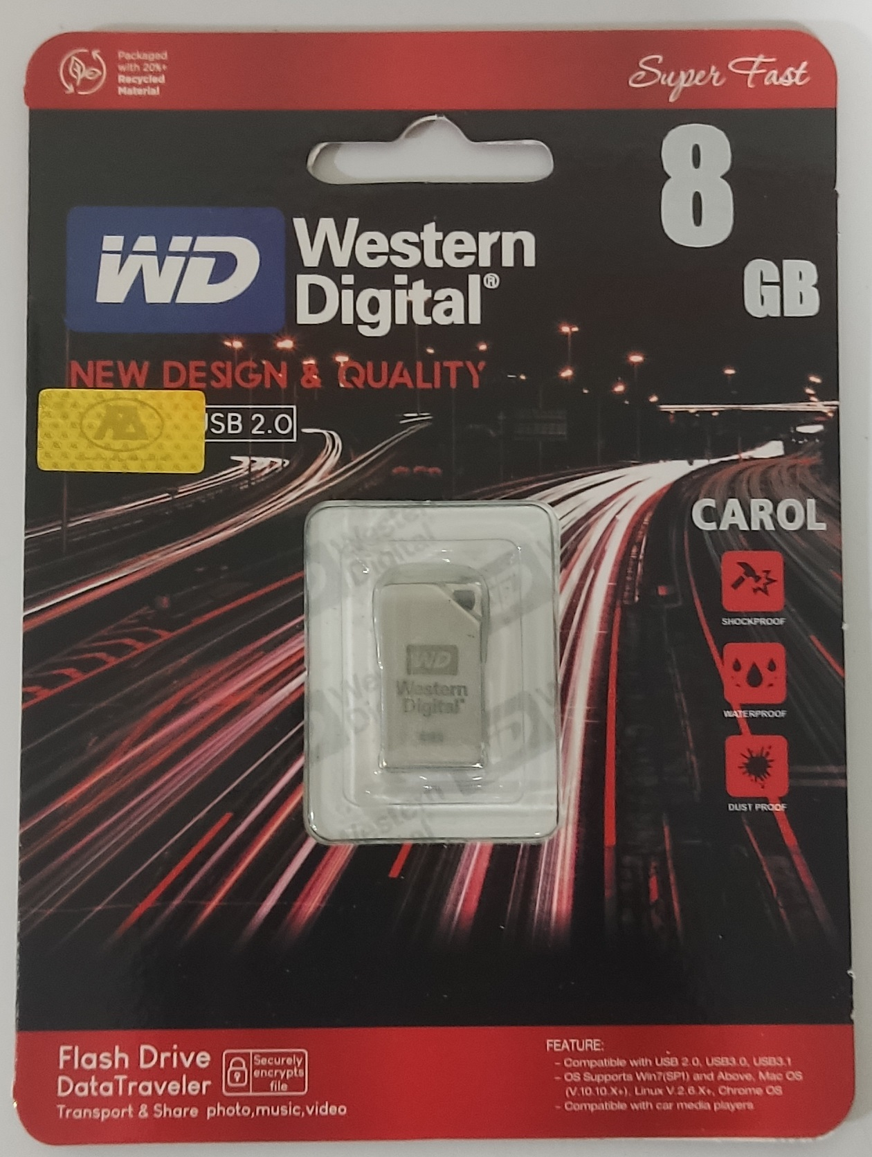 فلش مموری 8 گیگ WESTERN DIGITAL مدل CAROL (گارانتی مادام العمر)
