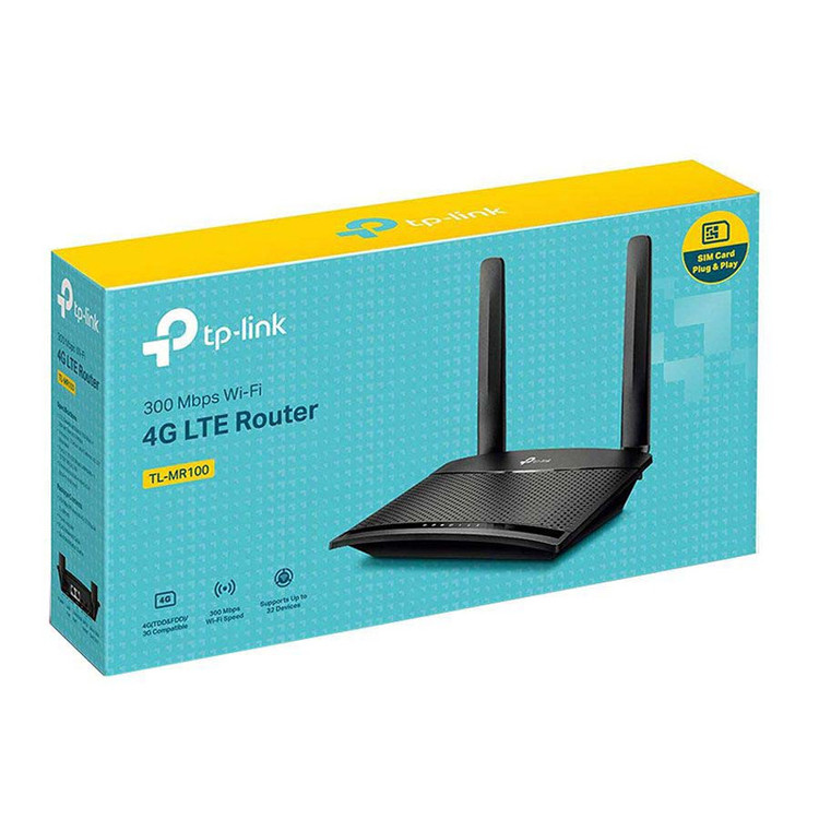 مودم 3G/4G خانگی تی پی-لینک مدل MR100 با قابلیت اتصال سیمکارت، پشتیبانی از 32 کاربر همزمان، سرعت دانلود 300 مگابیت و آپلود 150 مگابیت بر ثانیه، فرکانس 2.4 گیگاهرتز، امنیت پیشرفته و کنترل والدین