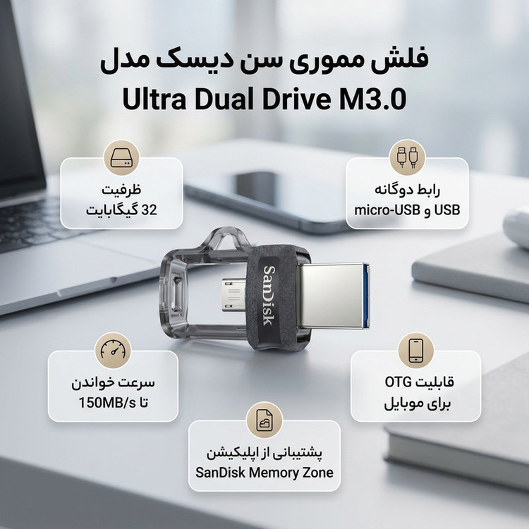 فلش مموری 32 گیگابایت سن دیسک مدل Ultra Dual Drive M3.0 با دو درگاه USB سهنقطهصفر و microUSB، سرعت خواندن تا 150 مگابایت بر ثانیه و اتصال مستقیم به دستگاههای دارای OTG
