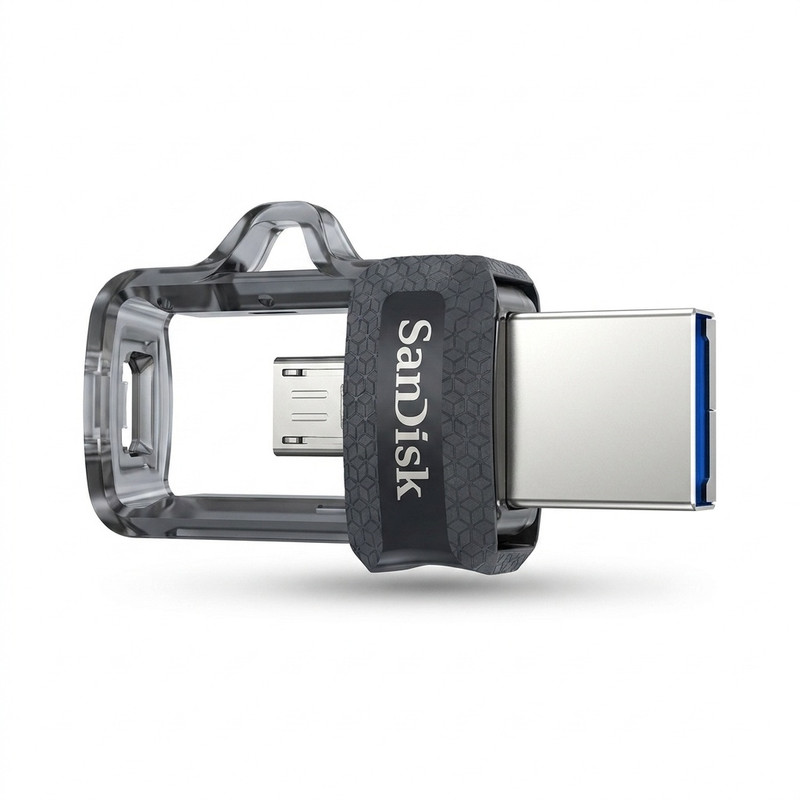 فلش مموری 32 گیگابایت سن دیسک مدل Ultra Dual Drive M3.0 با دو درگاه USB سهنقطهصفر و microUSB، سرعت خواندن تا 150 مگابایت بر ثانیه و اتصال مستقیم به دستگاههای دارای OTG