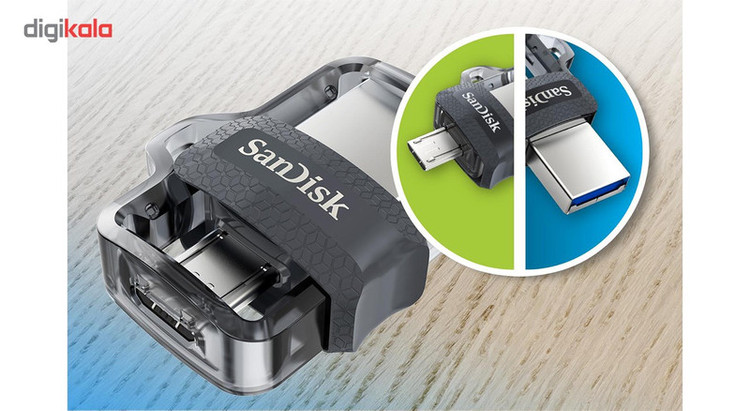 فلش مموری 32 گیگابایت سن دیسک مدل Ultra Dual Drive M3.0 با دو درگاه USB سهنقطهصفر و microUSB، سرعت خواندن تا 150 مگابایت بر ثانیه و اتصال مستقیم به دستگاههای دارای OTG