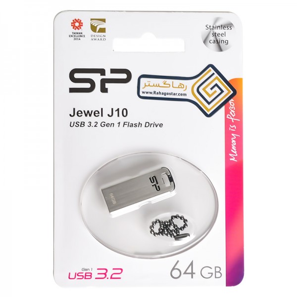 فلش مموری 64 گیگابایت سیلیکون پاور مدل Jewel J10 با رابط USB نسخه 3.0، بدنه استیل ضدزنگ با روکش ضداثر انگشت و مقاوم در برابر آب، لرزش و گردوغبار