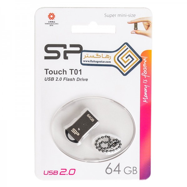 فلش مموری سیلیکون پاور مدل Touch T01 ظرفیت 64 گیگابایت حافظه مقاوم ضد آب، ضد شوک و گردوغبار با طراحی فشرده و فناوری COB، ابعاد کوچک و زنجیر محافظ، سازگار با USB 2.0 و انواع سیستم‌عامل‌ها
