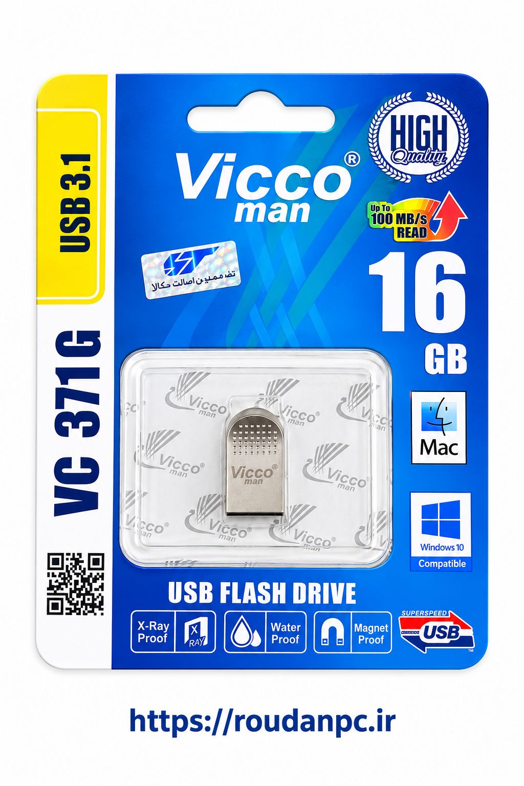 فلش مموری 16 گیگابایت ویکومن مدل VC371 با رابط USB 3.1 Type-A و بدنه فلزی