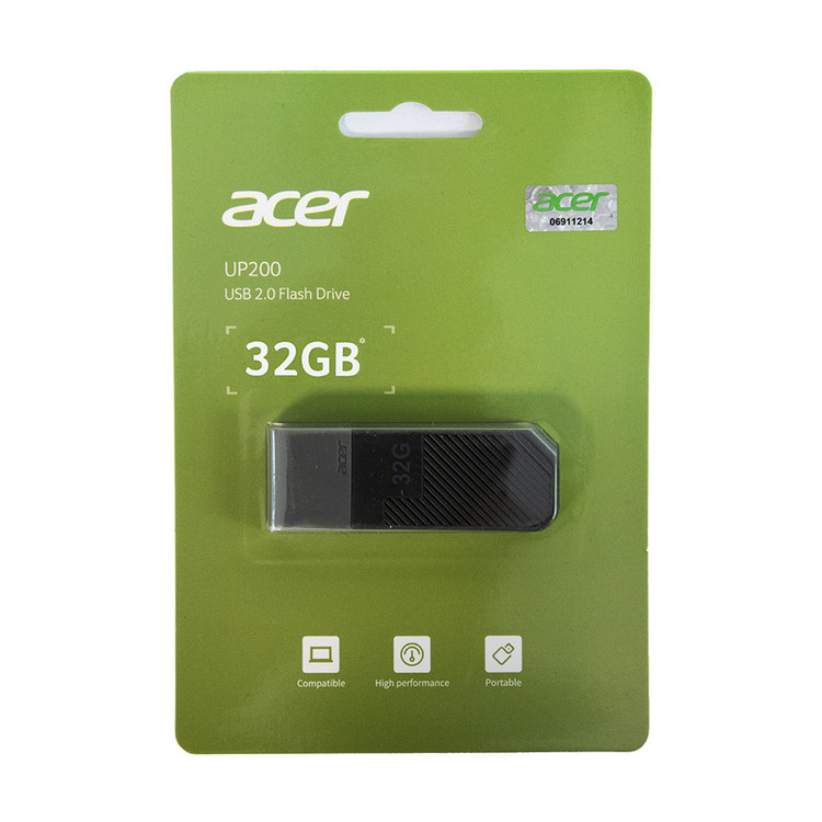 فلش مموری 32 گیگابایتی ایسر مدل UP200 با رابط USB Type-A و استاندارد USB 2.0، بدنه پلاستیکی مقاوم و استانداردهای CE، FCC و BSMI