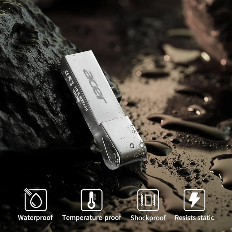 فلش مموری 32 گیگابایتی ایسر مدل UF300، با رابط USB 3.2 Gen1 و USB Type-A، سرعت خواندن 120 و نوشتن 80 مگابایت بر ثانیه، مقاوم در برابر آب، ضربه، شوک و ضدخش، با بدنه فلزی و قابلیت Plug & Play