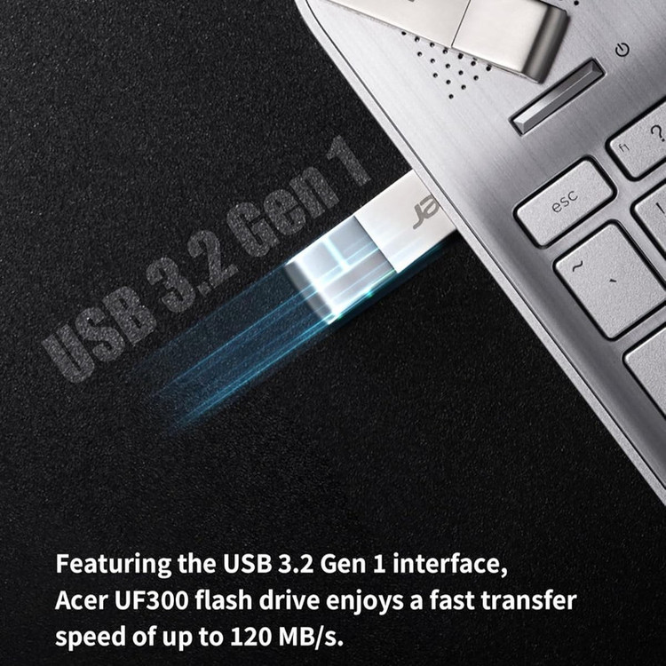 فلش مموری 32 گیگابایتی ایسر مدل UF300، با رابط USB 3.2 Gen1 و USB Type-A، سرعت خواندن 120 و نوشتن 80 مگابایت بر ثانیه، مقاوم در برابر آب، ضربه، شوک و ضدخش، با بدنه فلزی و قابلیت Plug & Play