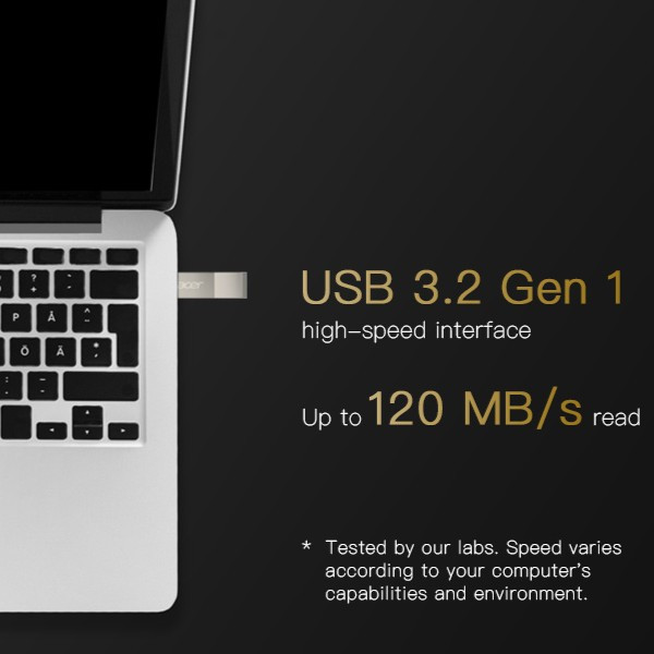 فلش مموری 32 گیگابایتی ایسر مدل UF300، با رابط USB 3.2 Gen1 و USB Type-A، سرعت خواندن 120 و نوشتن 80 مگابایت بر ثانیه، مقاوم در برابر آب، ضربه، شوک و ضدخش، با بدنه فلزی و قابلیت Plug & Play