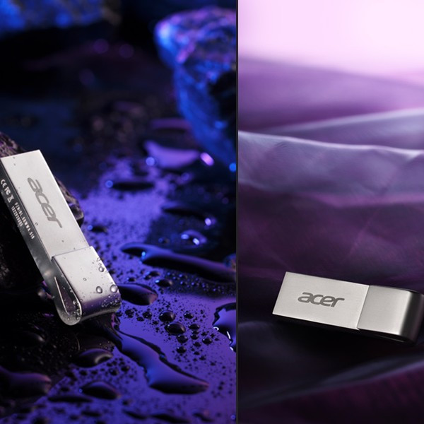 فلش مموری 32 گیگابایتی ایسر مدل UF300، با رابط USB 3.2 Gen1 و USB Type-A، سرعت خواندن 120 و نوشتن 80 مگابایت بر ثانیه، مقاوم در برابر آب، ضربه، شوک و ضدخش، با بدنه فلزی و قابلیت Plug & Play
